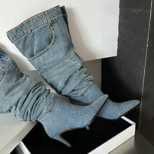 Denim Knee-High Heeled Boots